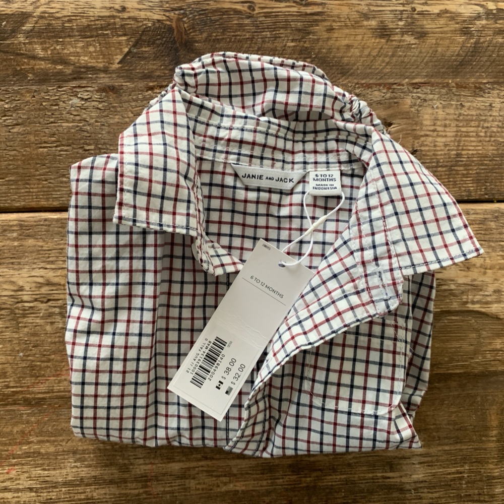 Janie and Jack - New with tags - Plaid dress shirt onesie. Size 6-12 months